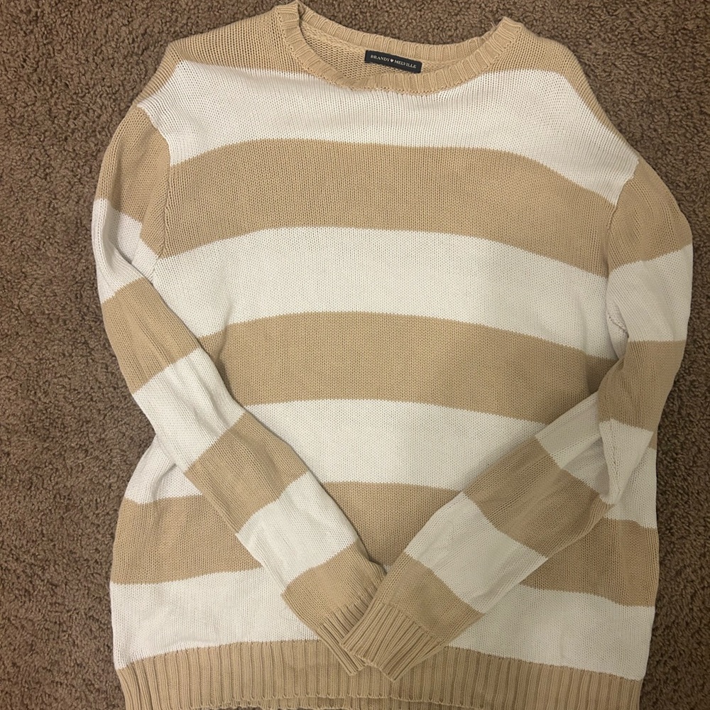 Brandy Melville Tan and White Striped Sweater One Sized Sweater
